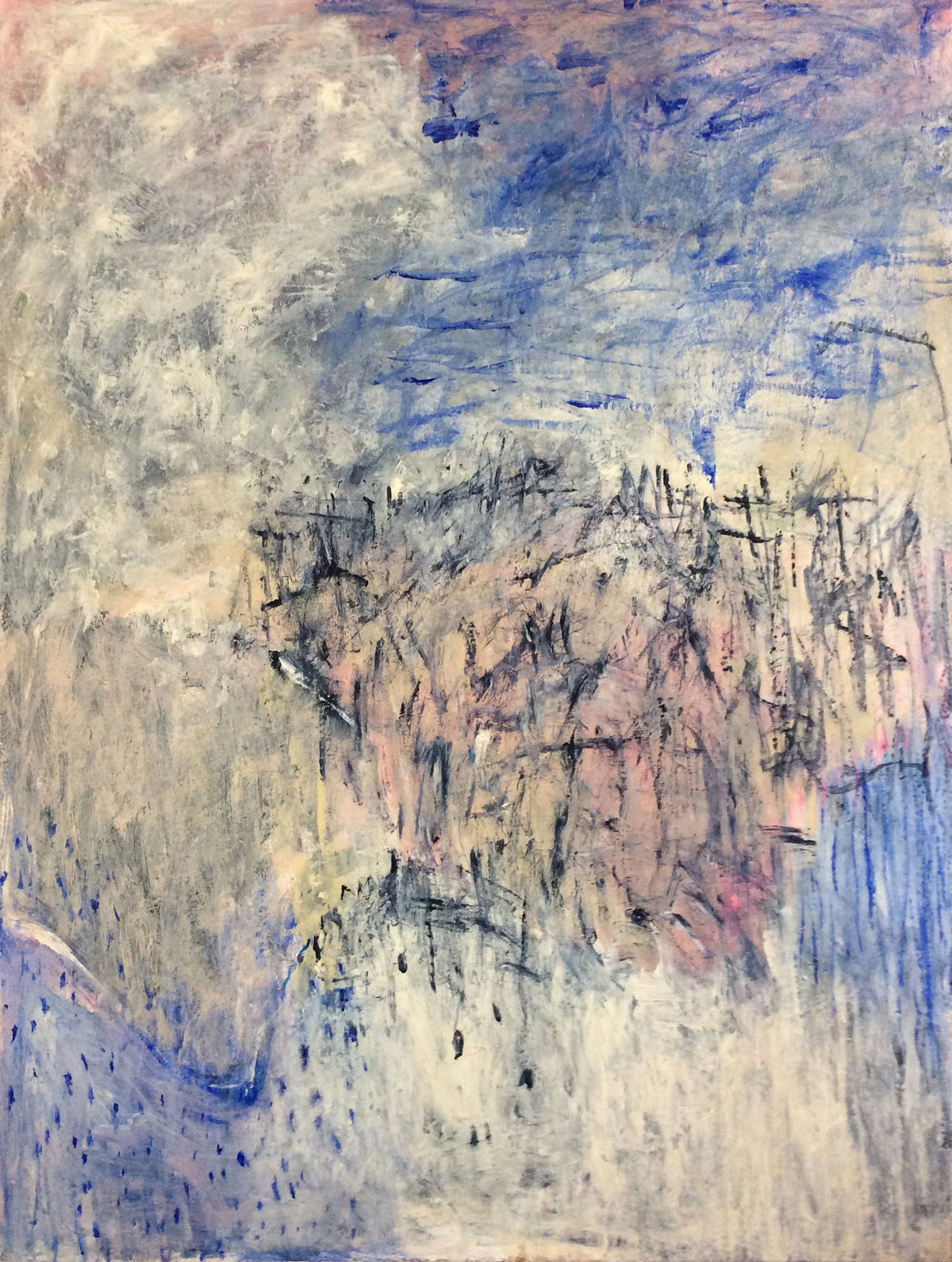 Untitled #24 by Yoke Bakker – original abstract acrylic painting on canvas in cream, blue and dusty pink with black gestural marks
