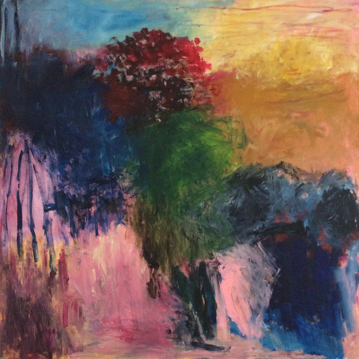 Untitled #25 by Yoke Bakker – original square abstract acrylic painting on canvas in navy, red, green and ochre