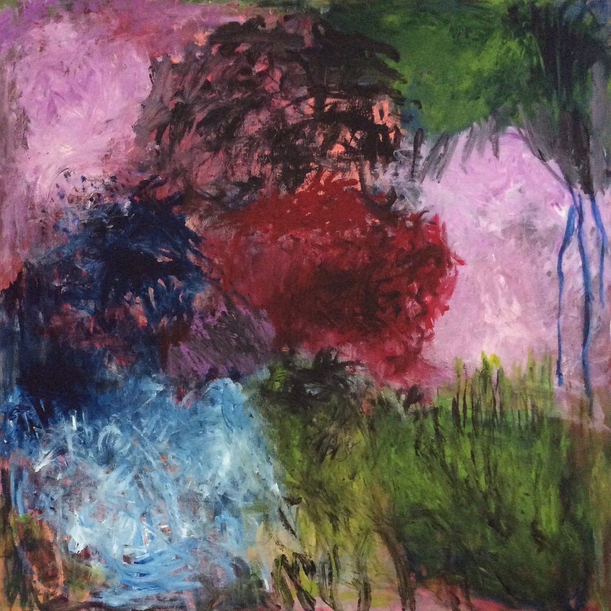 Untitled #26 by Yoke Bakker – original square abstract acrylic painting on canvas in violet pink, crimson, blue and green