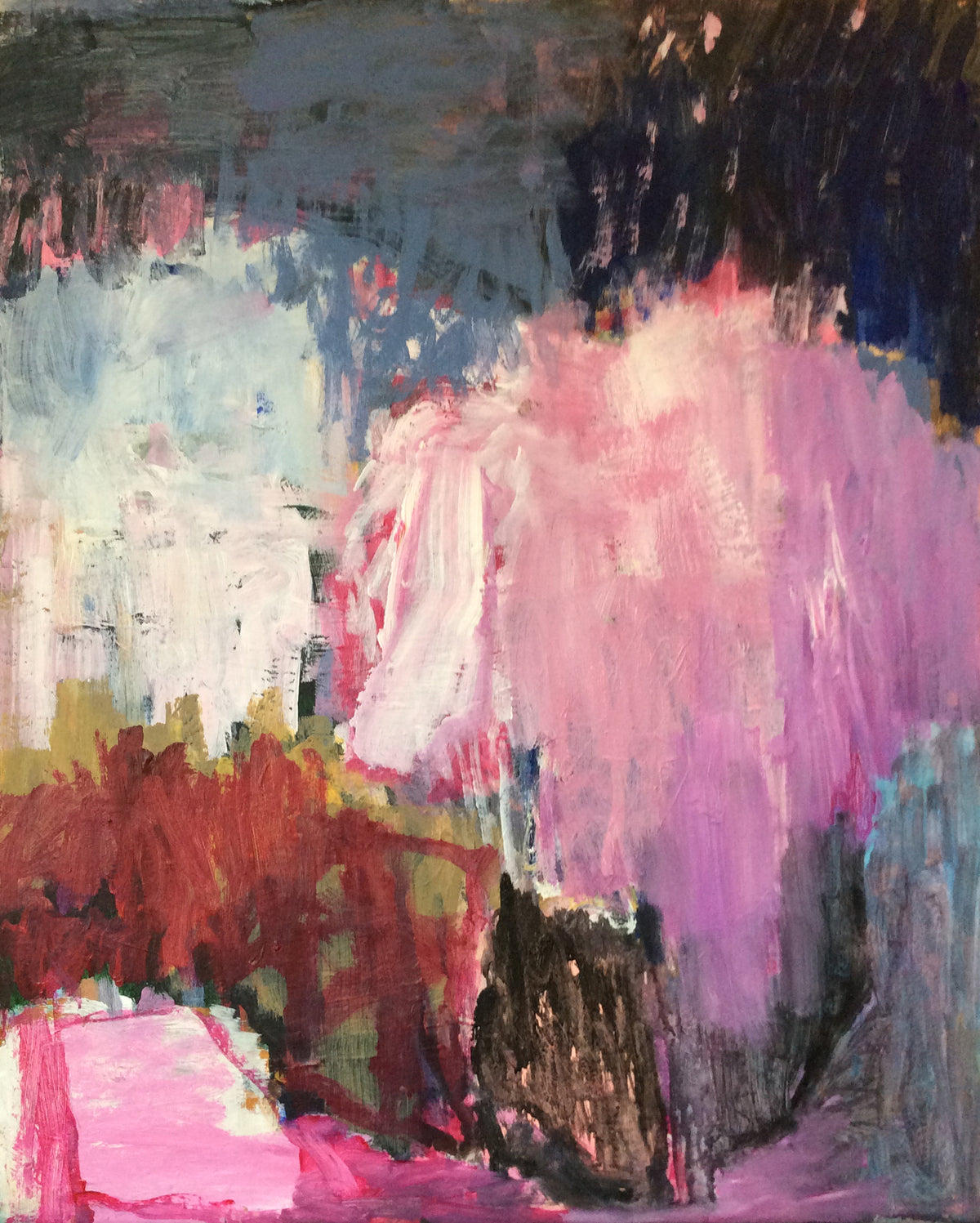 Untitled #27 by Yoke Bakker – original abstract acrylic painting on canvas in pink, lilac, slate blue and rust red