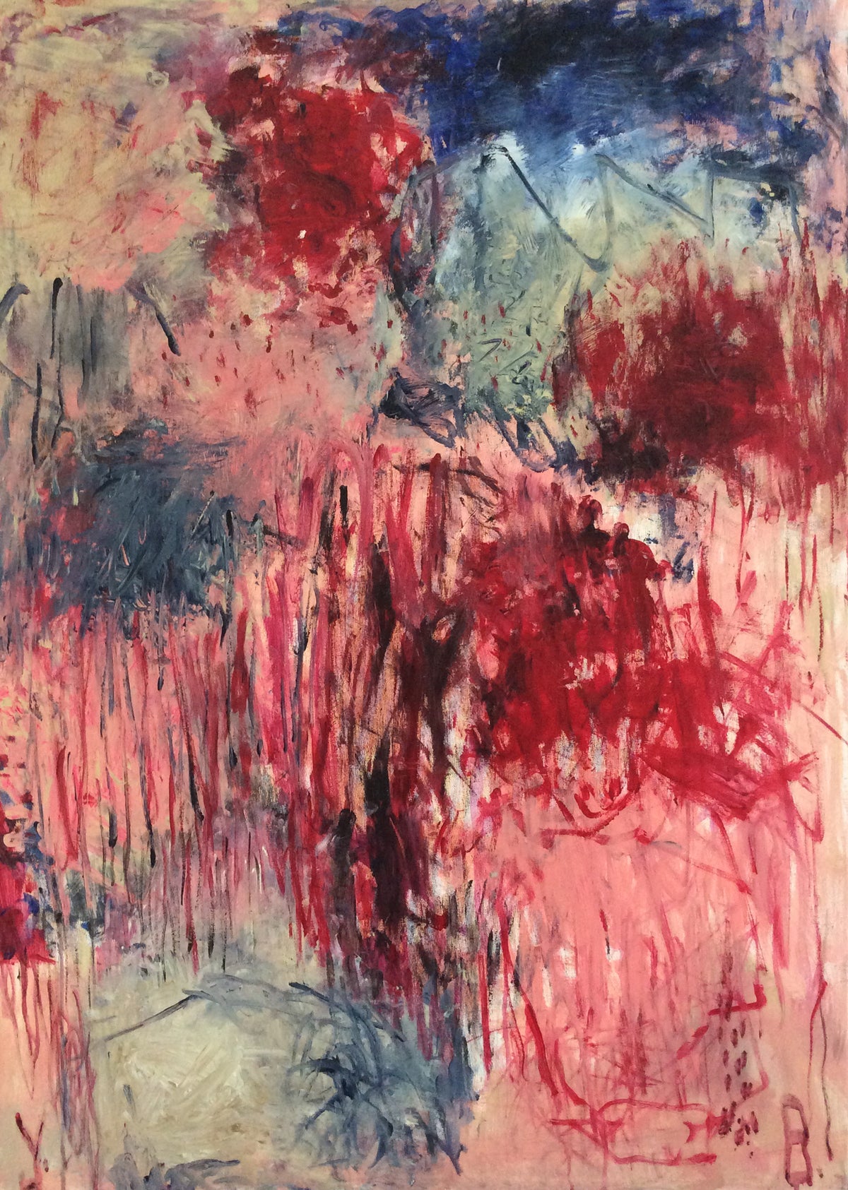 Untitled #28 by Yoke Bakker – original abstract acrylic painting on canvas in crimson red and coral pink with navy blue