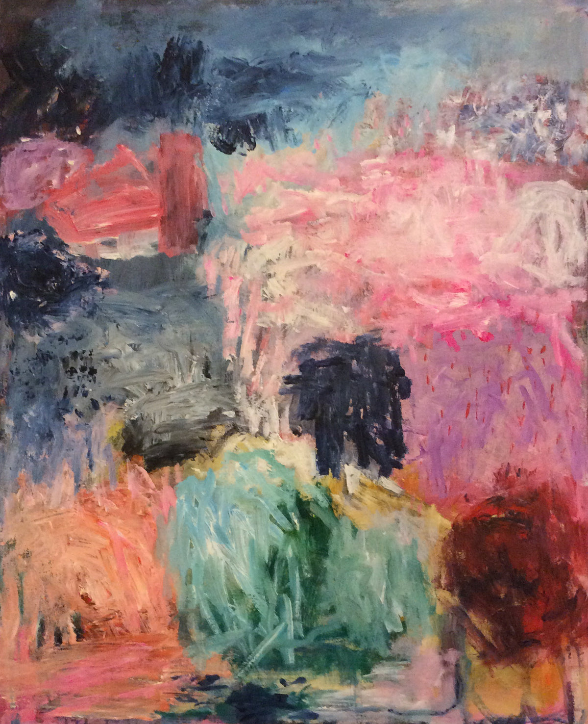 Untitled #29 by Yoke Bakker – original abstract acrylic painting on canvas in pink, teal green, navy and burgundy