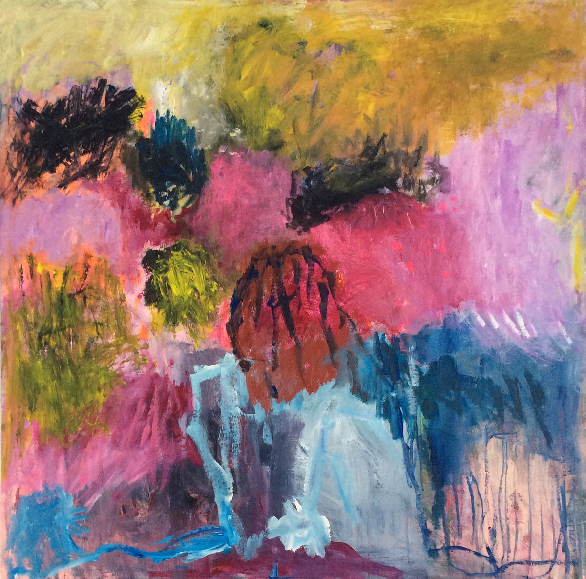 Untitled #30 by Yoke Bakker – original square abstract acrylic painting on canvas in magenta pink, ochre, lilac and blue