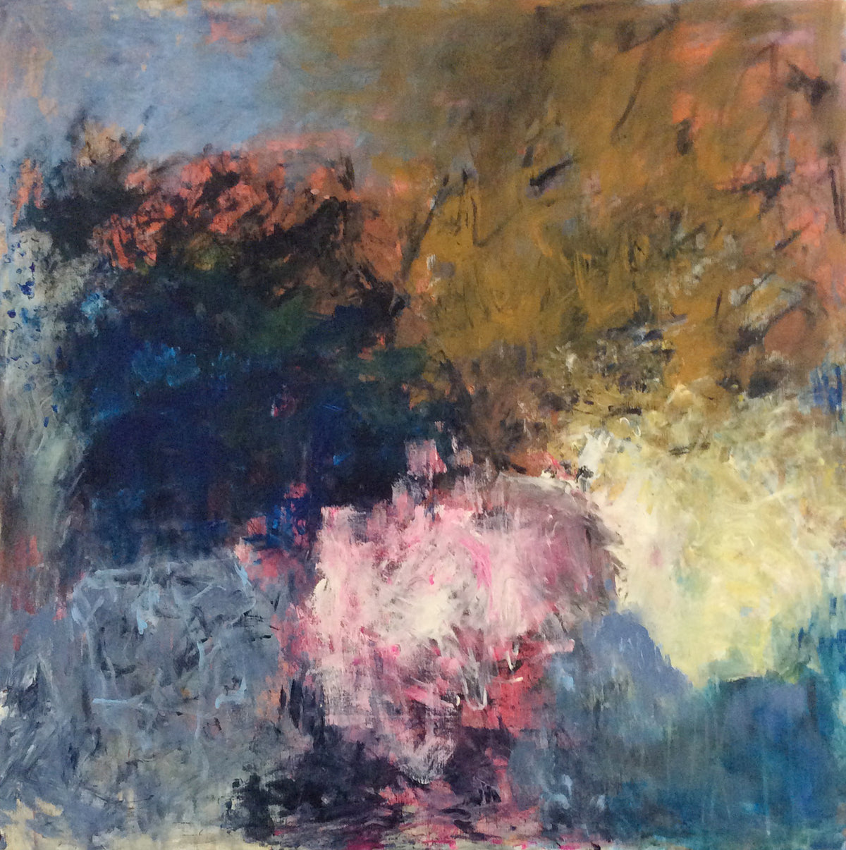 Untitled #31 by Yoke Bakker – original square abstract acrylic painting on canvas in navy, ochre, pink and pale yellow