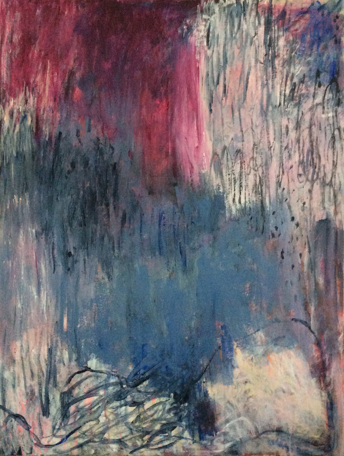 Untitled #32 by Yoke Bakker – original abstract acrylic painting on canvas in magenta, slate blue and blush pink with dark lines
