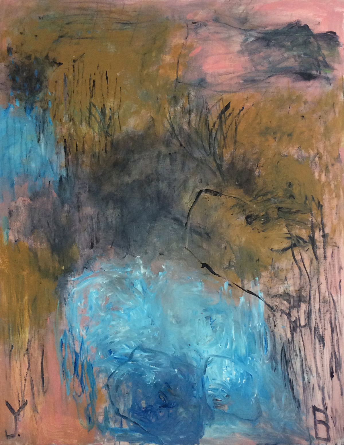 Untitled #33 by Yoke Bakker – original abstract acrylic painting on canvas in ochre, turquoise blue and salmon pink with black lines