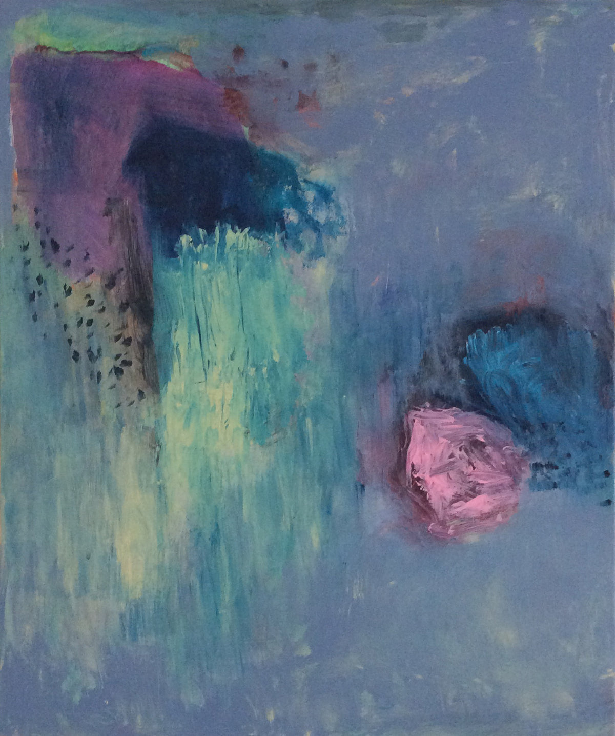 Untitled #34 by Yoke Bakker – original abstract acrylic painting on canvas in lavender blue with violet, teal and a pink form