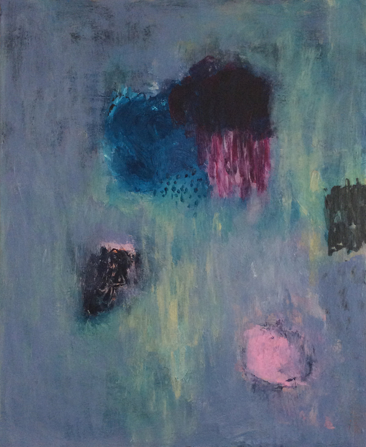 Untitled #35 by Yoke Bakker – original abstract acrylic painting on canvas in lavender blue with teal, burgundy and a pink circle