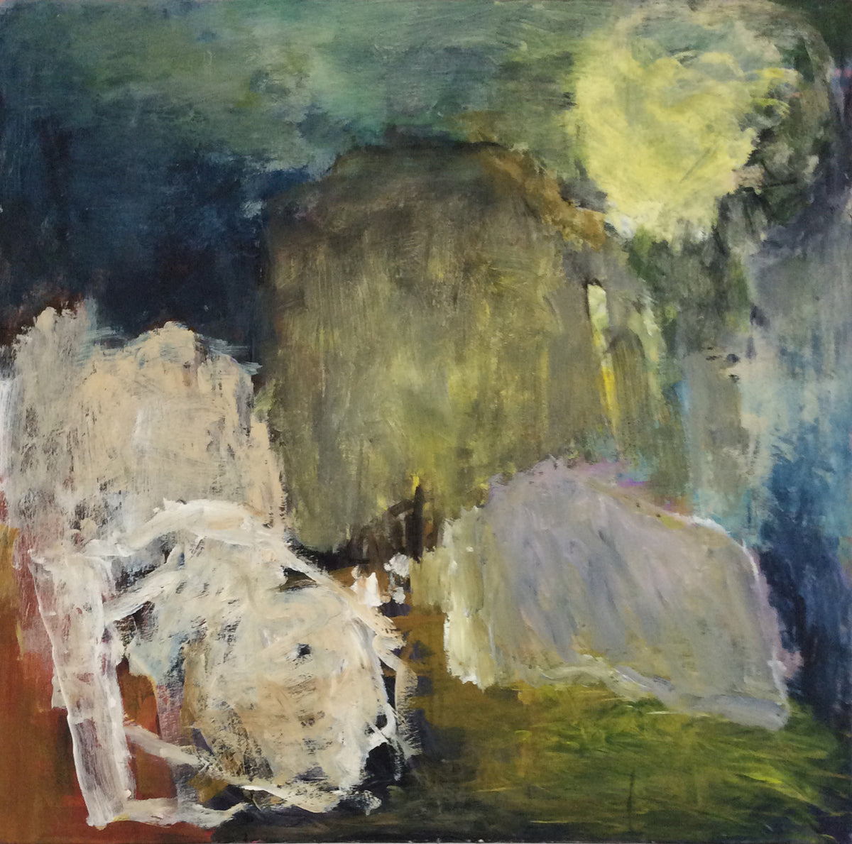 Untitled #36 by Yoke Bakker – original square abstract acrylic painting on canvas in olive green, dark teal, cream and pale yellow