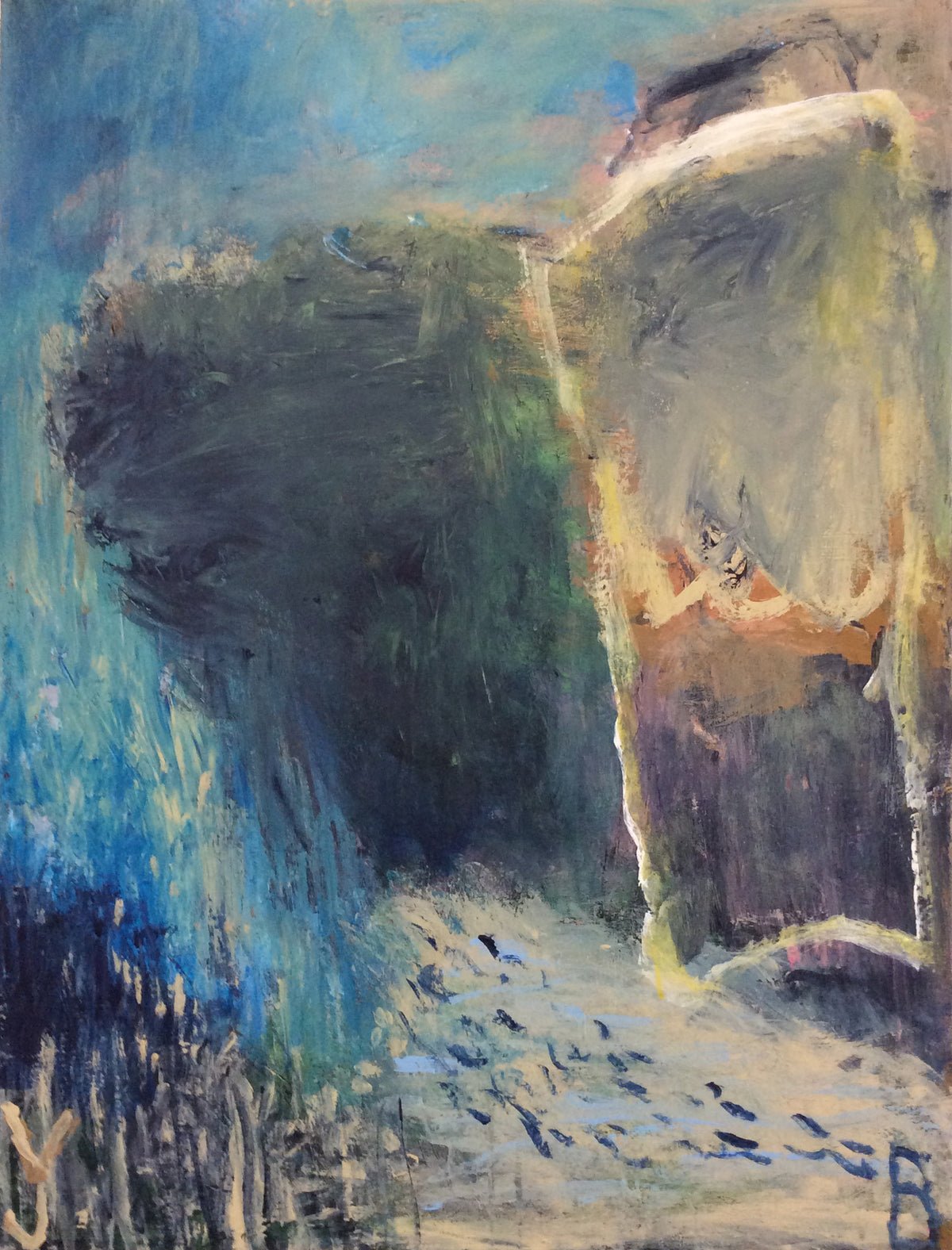 Untitled #37 by Yoke Bakker – original abstract acrylic painting on canvas in turquoise blue, dark green, cream and ochre