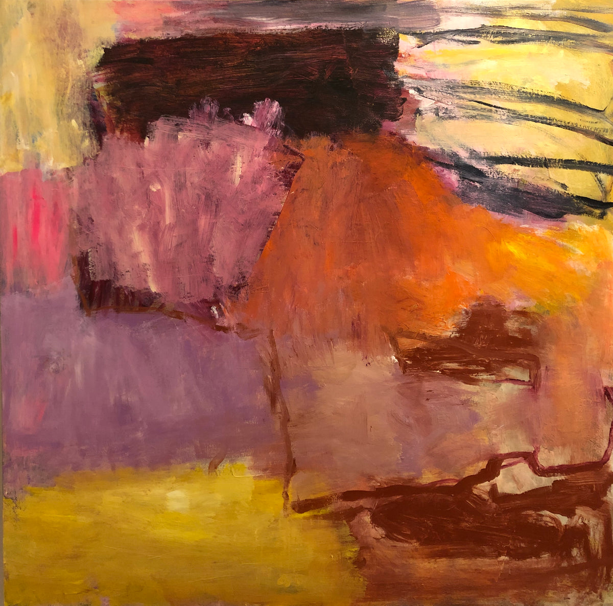 Untitled #38 by Yoke Bakker – original square abstract acrylic painting on canvas in orange, mauve, yellow and dark brown
