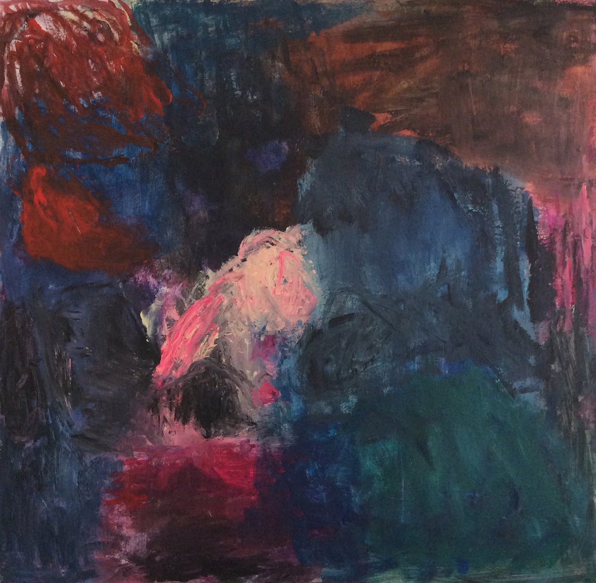 Untitled #39 by Yoke Bakker – original square abstract acrylic painting on canvas in navy, midnight blue, red and pink